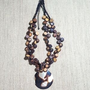 Vtg VJ Abalone statement necklace heishe seed bead wood shell